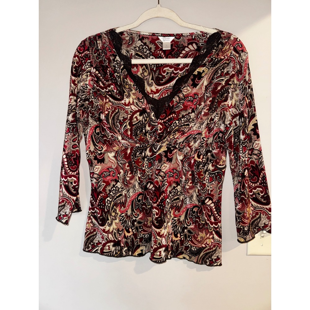 Boho Whimsical Goth Pleated Paisley 3/4 Sleeve Tee Size M